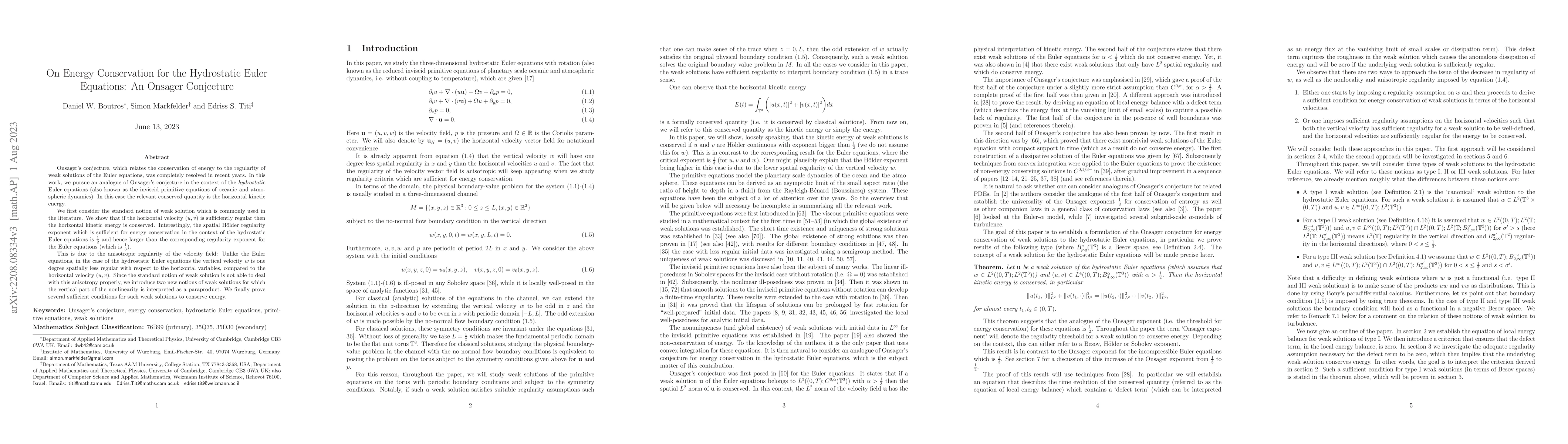 Thumbnail for On Energy Conservation for the Hydrostatic Euler Equations: An Onsager
  Conjecture