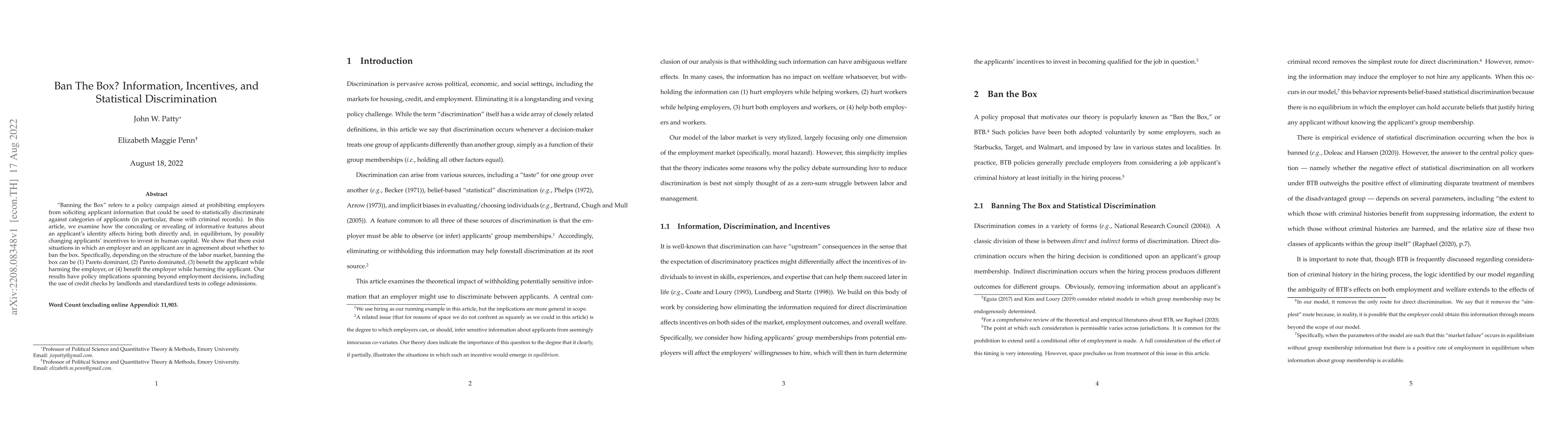 Thumbnail for Ban The Box? Information, Incentives, and Statistical Discrimination