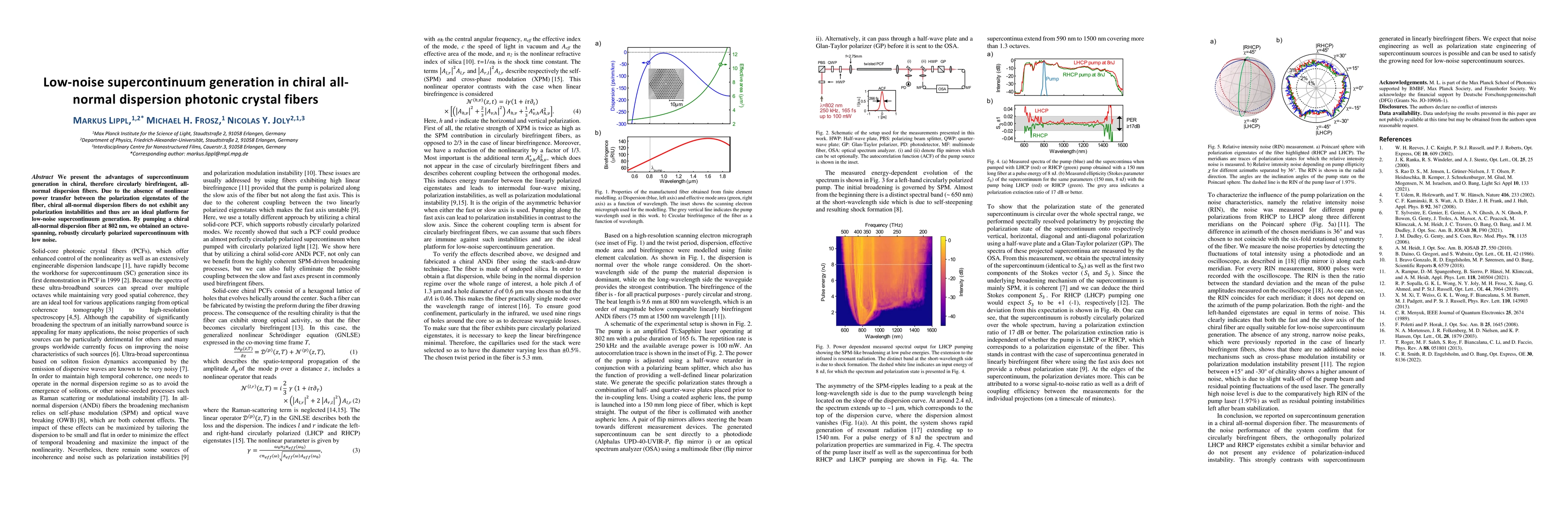 Thumbnail for Low-noise supercontinuum generation in chiral all-normal dispersion
  photonic crystal fibers