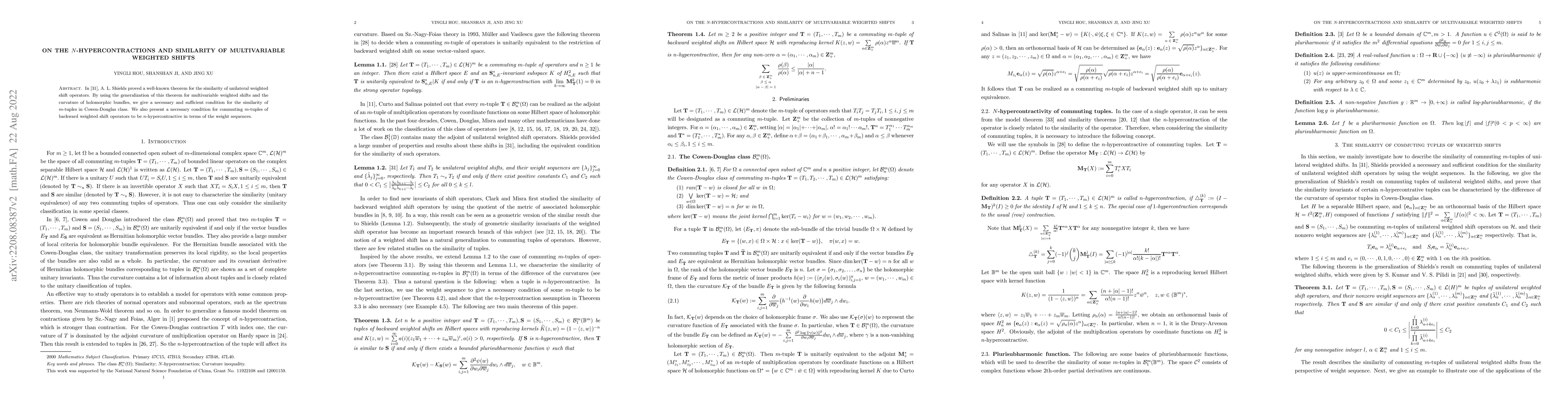 Thumbnail for On the $N$-hypercontractions and similarity of multivariable weighted
  shifts