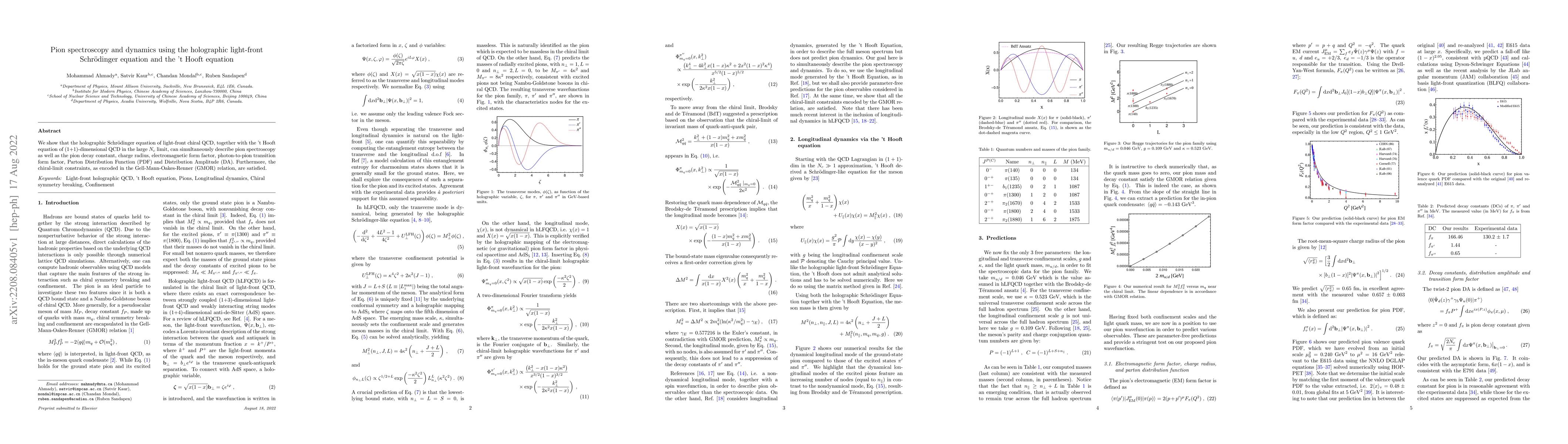 Thumbnail for Pion spectroscopy and dynamics using the holographic light-front
  Schr\"odinger equation and the 't Hooft equation