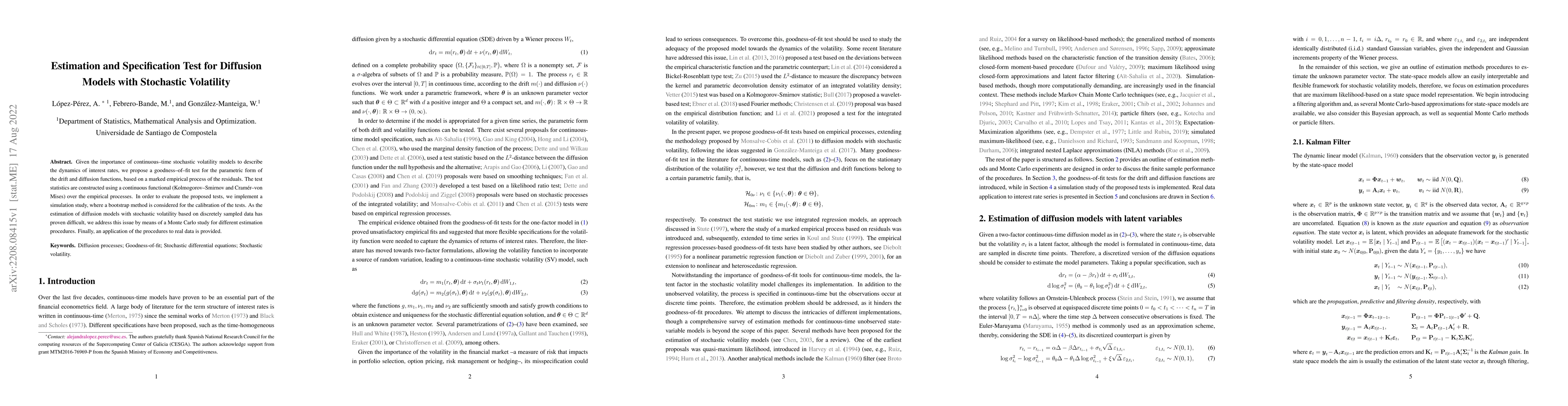 Thumbnail for Estimation and Specification Test for Diffusion Models with Stochastic
  Volatility