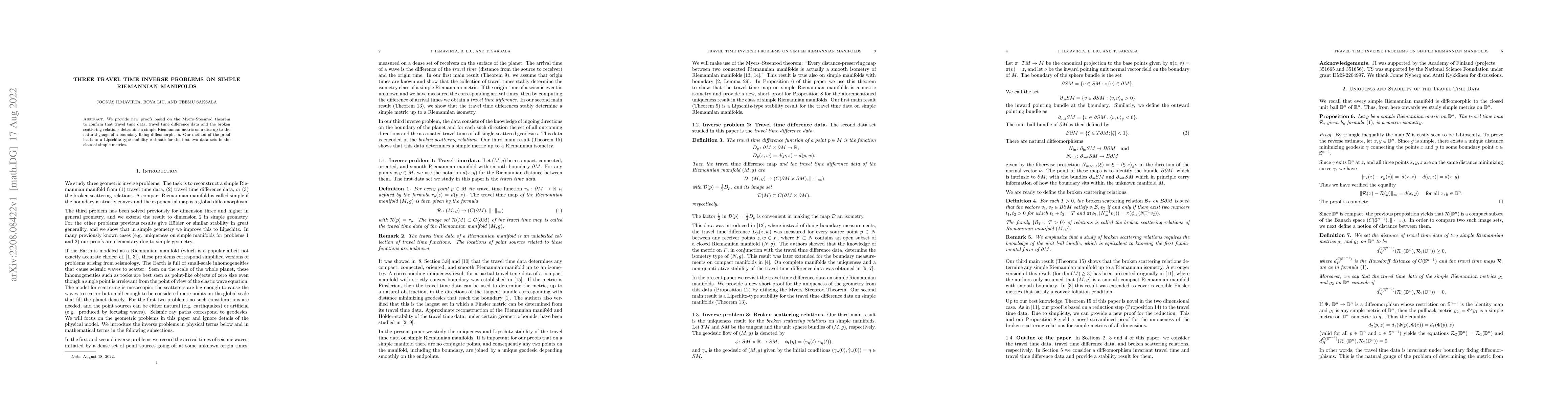 Thumbnail for Three travel time inverse problems on simple Riemannian manifolds