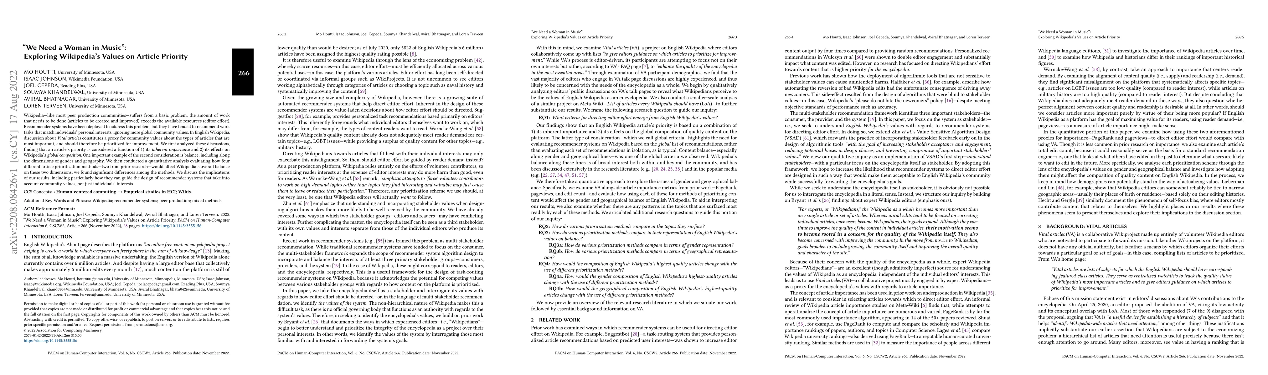 Thumbnail for "We Need a Woman in Music": Exploring Wikipedia's Values on Article
  Priority