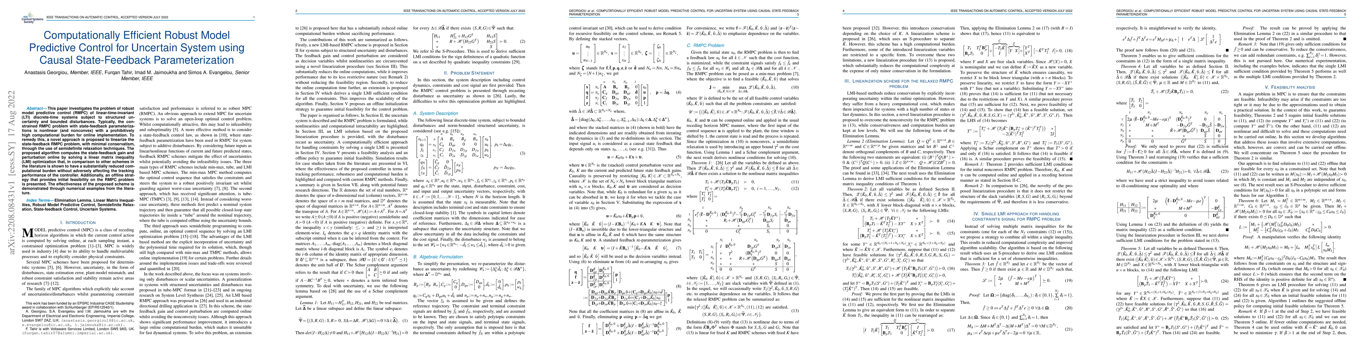 Thumbnail for Computationally Efficient Robust Model Predictive Control for Uncertain
  System Using Causal State-Feedback Parameterization