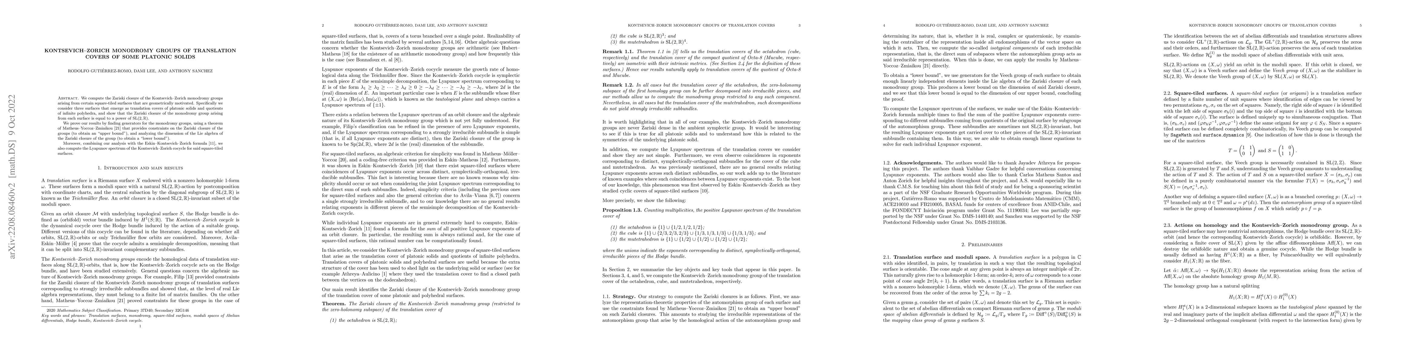 Thumbnail for Kontsevich-Zorich monodromy groups of translation covers of some
  platonic solids