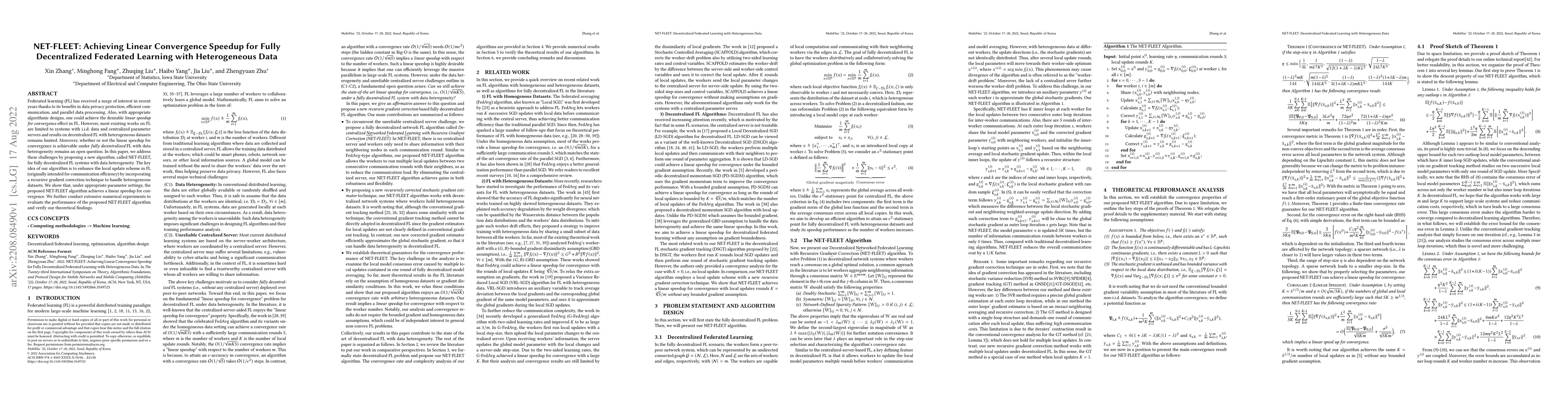 Thumbnail for NET-FLEET: Achieving Linear Convergence Speedup for Fully Decentralized
  Federated Learning with Heterogeneous Data