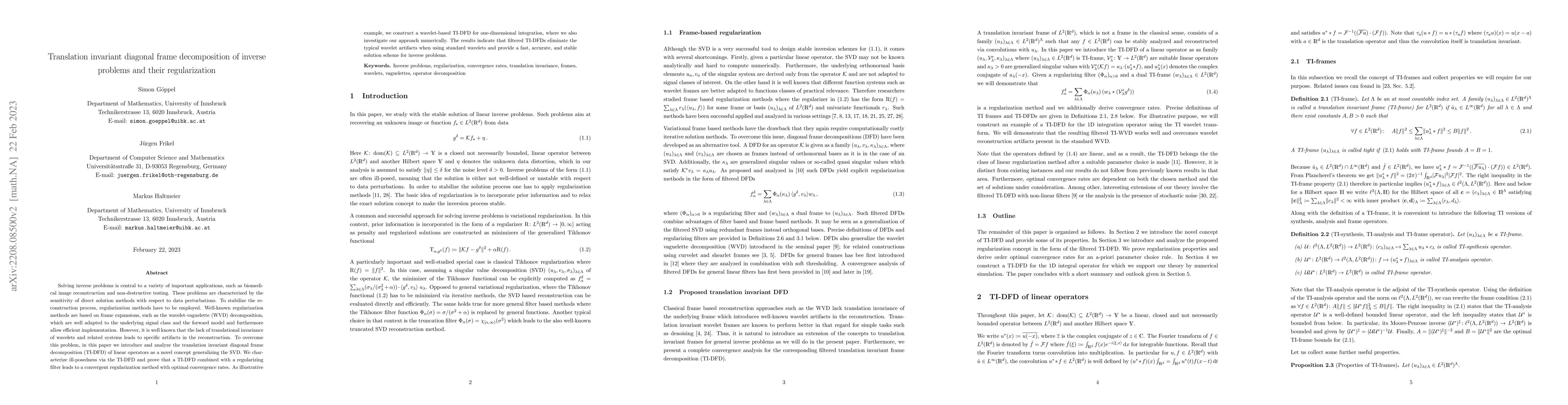 Thumbnail for Translation invariant diagonal frame decomposition of inverse problems
  and their regularization