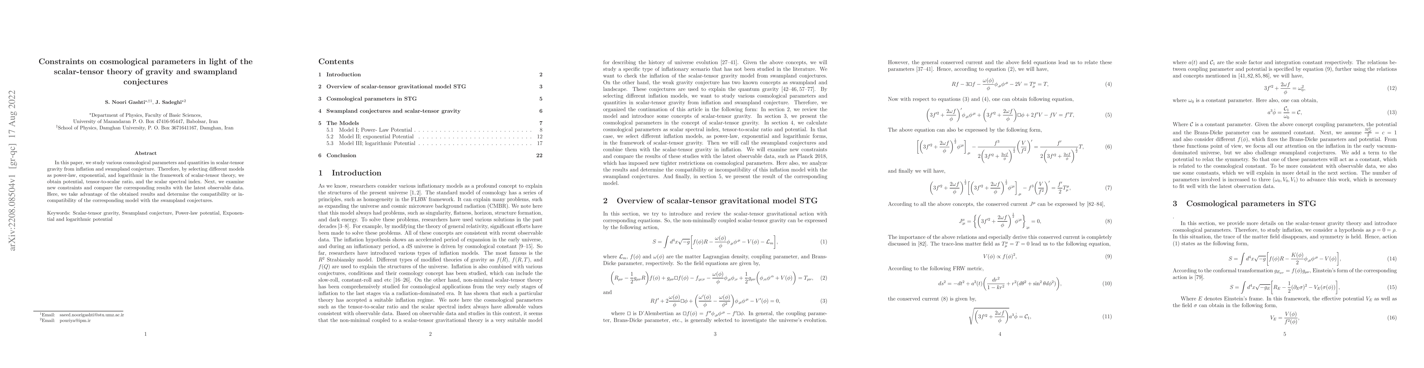 Thumbnail for Constraints on cosmological parameters in light of the scalar-tensor
  theory of gravity and swampland conjectures