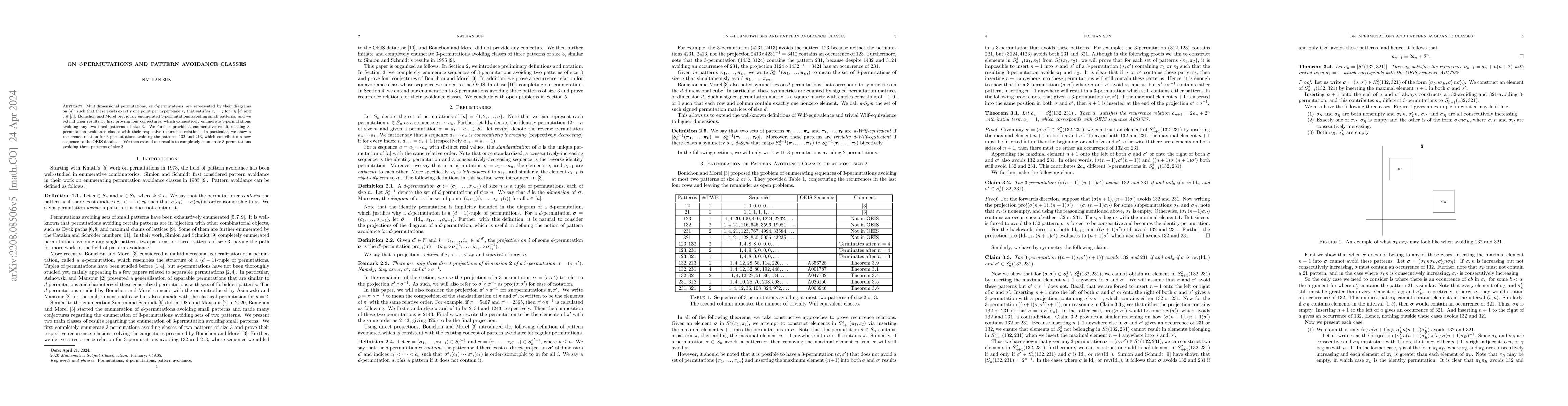 Thumbnail for On $d$-permutations and Pattern Avoidance Classes