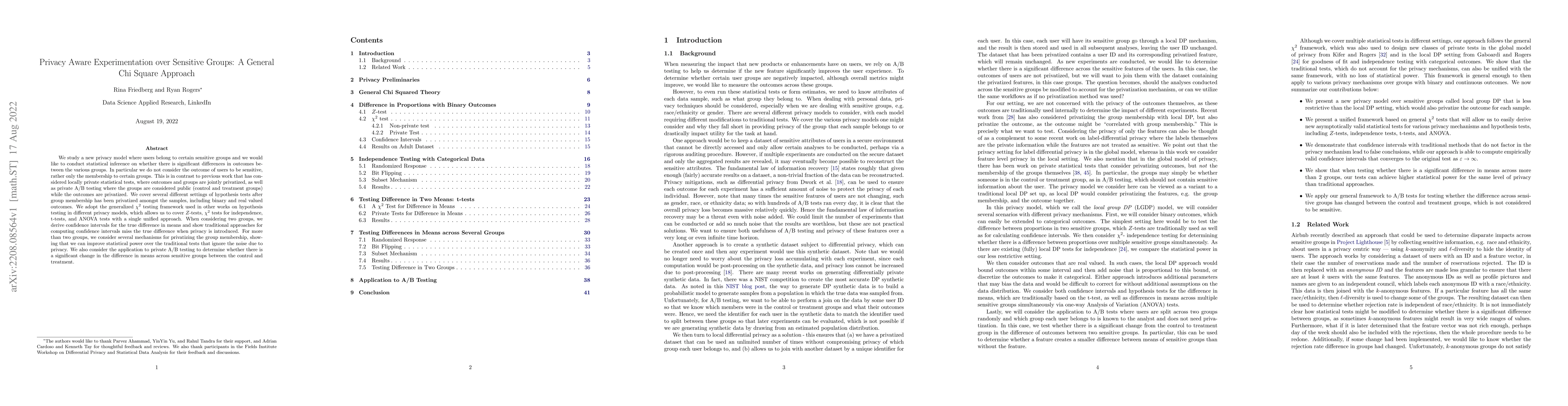 Thumbnail for Privacy Aware Experimentation over Sensitive Groups: A General Chi
  Square Approach