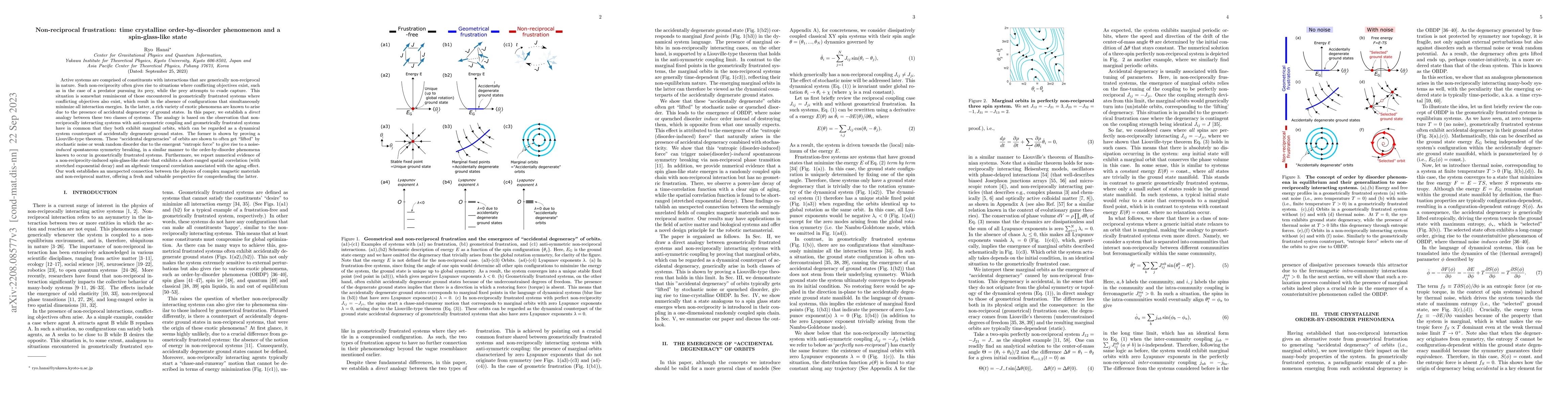 Thumbnail for Non-reciprocal frustration: time crystalline order-by-disorder
  phenomenon and a spin-glass-like state