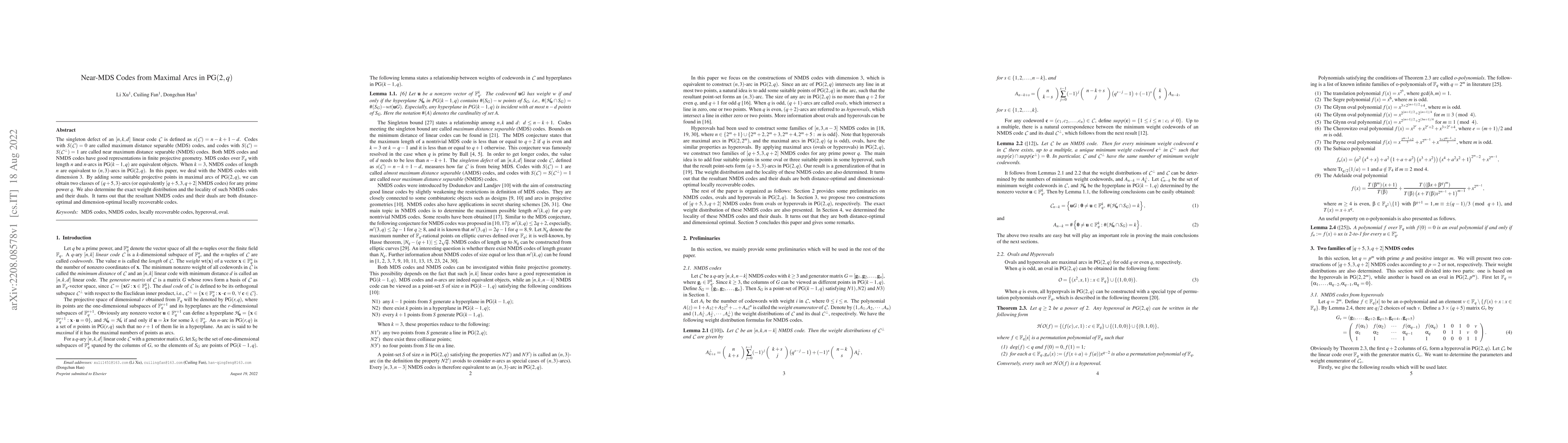 Thumbnail for Near-MDS Codes from Maximal Arcs in PG$(2,q)$