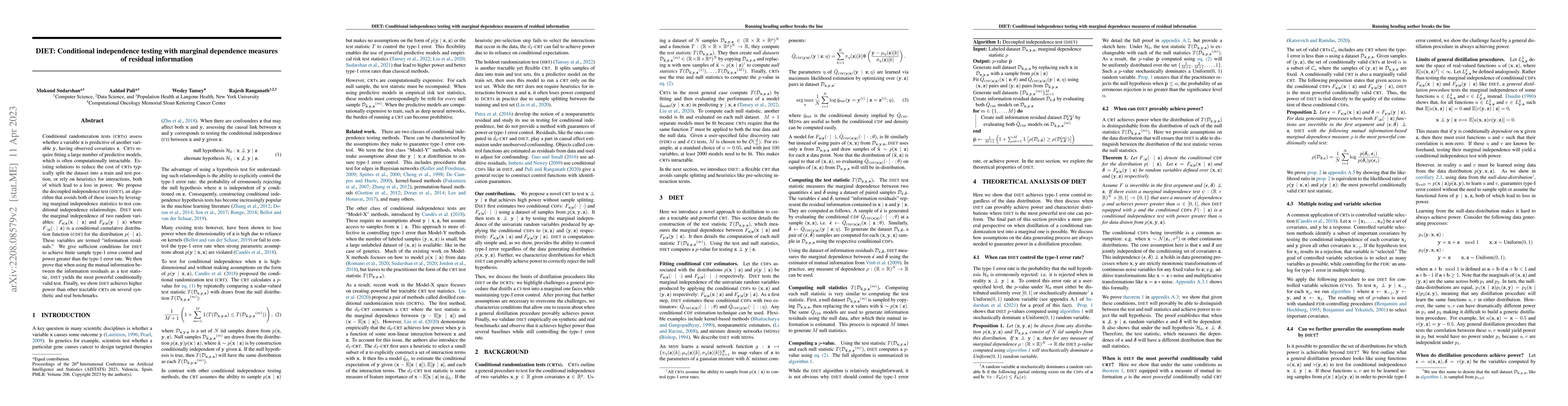 Thumbnail for DIET: Conditional independence testing with marginal dependence measures
  of residual information
