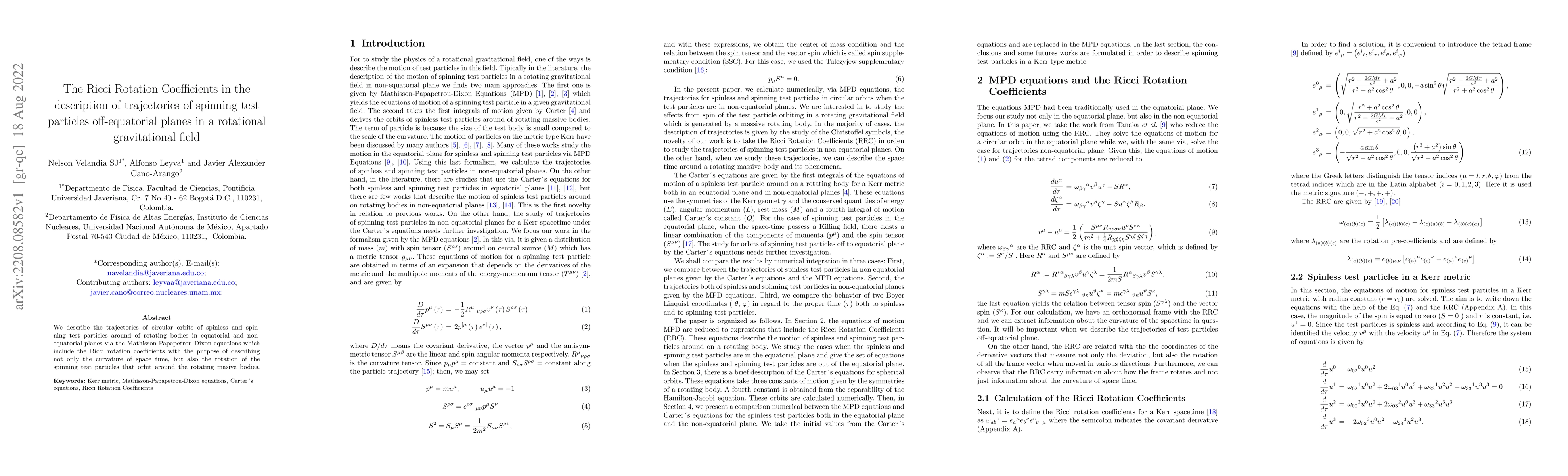 Thumbnail for The Ricci Rotation Coefficients in the description of trajectories of
  spinning test particles off-equatorial planes in a rotational gravitational
  field