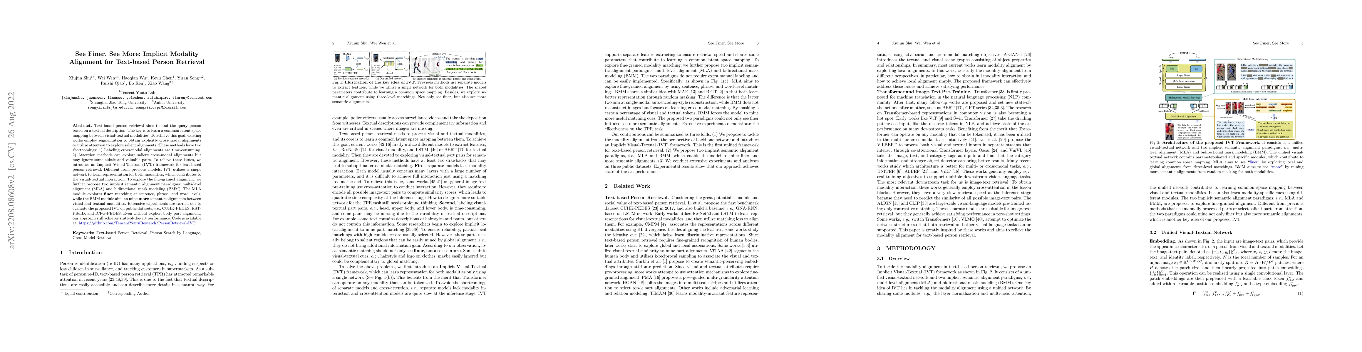 Thumbnail for See Finer, See More: Implicit Modality Alignment for Text-based Person
  Retrieval