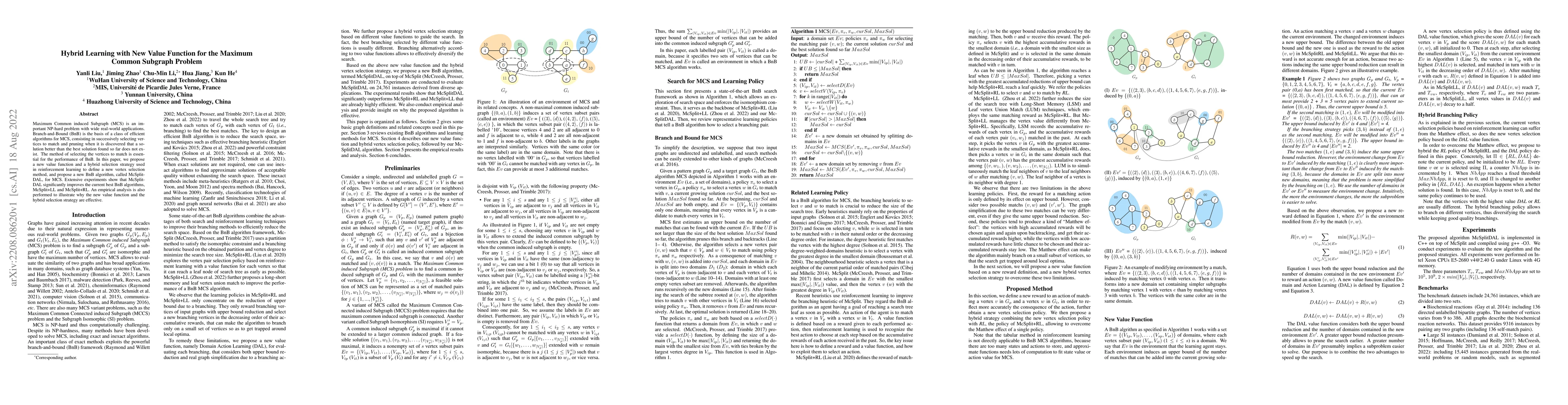 Thumbnail for Hybrid Learning with New Value Function for the Maximum Common Subgraph
  Problem