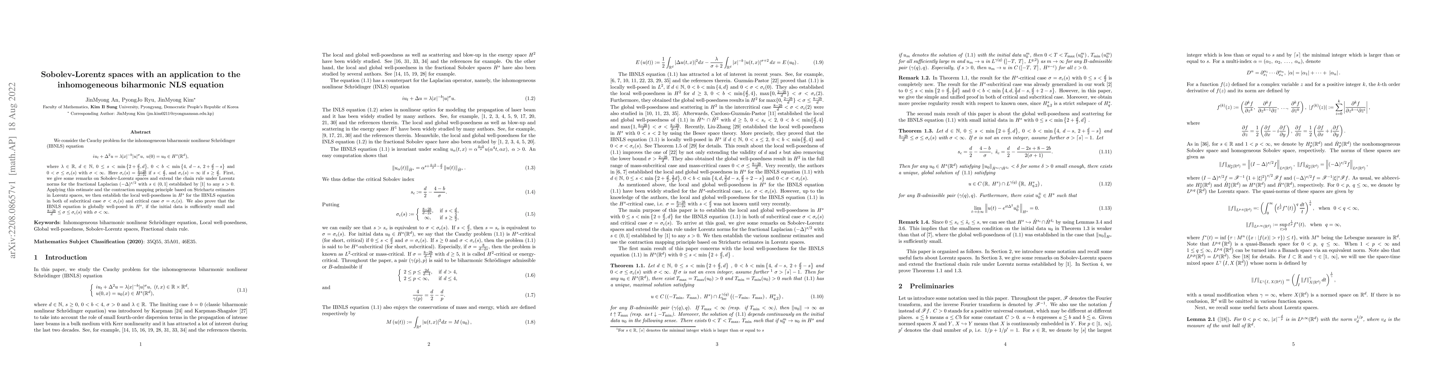 Thumbnail for Sobolev-Lorentz spaces with an application to the inhomogeneous
  biharmonic NLS equation
