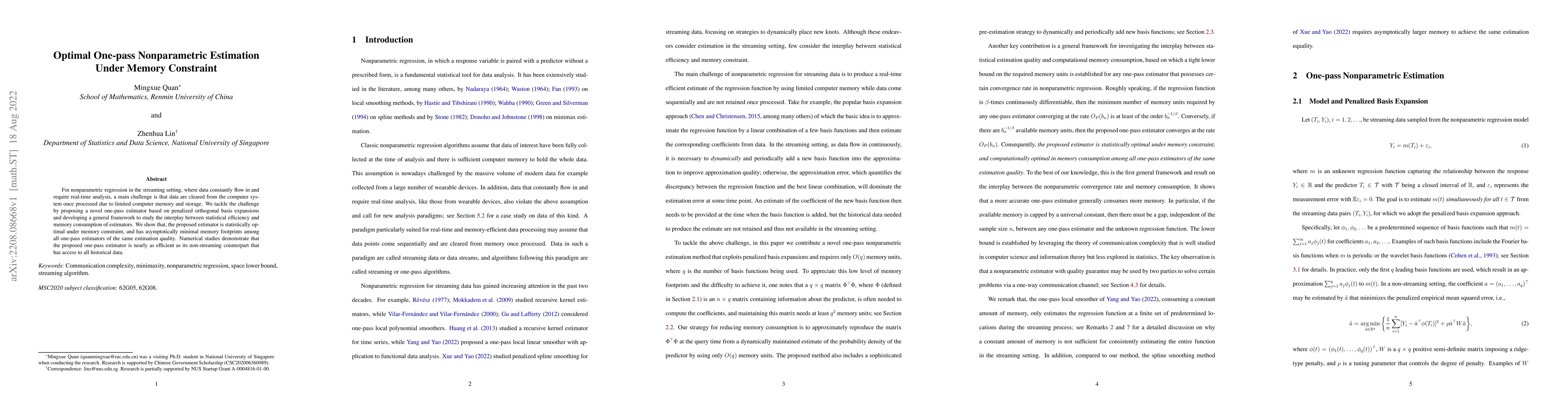 Thumbnail for Optimal One-pass Nonparametric Estimation Under Memory Constraint