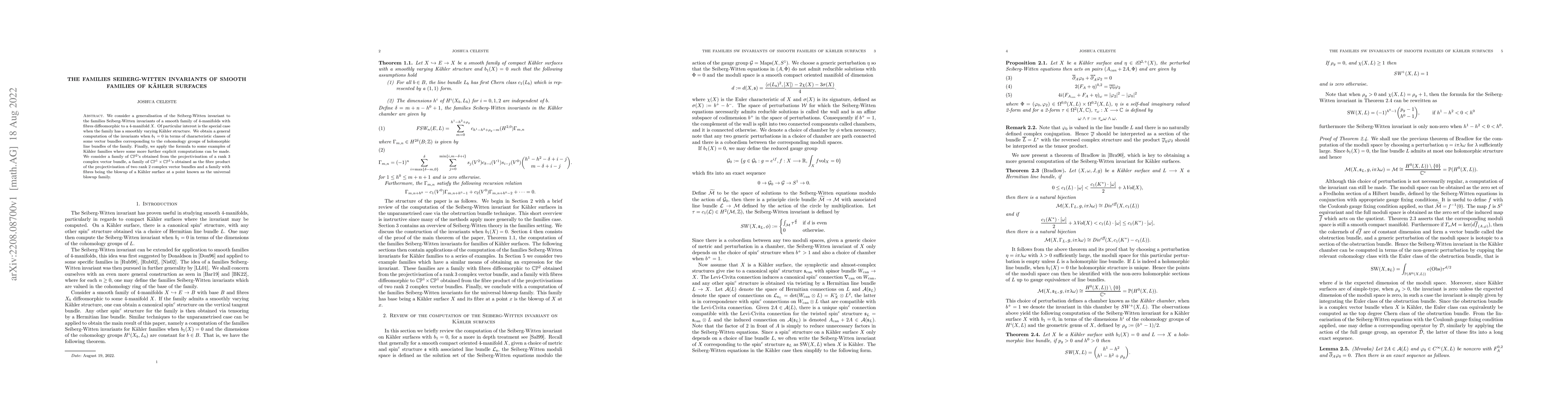 Thumbnail for The families Seiberg-Witten invariants of smooth families of K\"ahler
  surfaces
