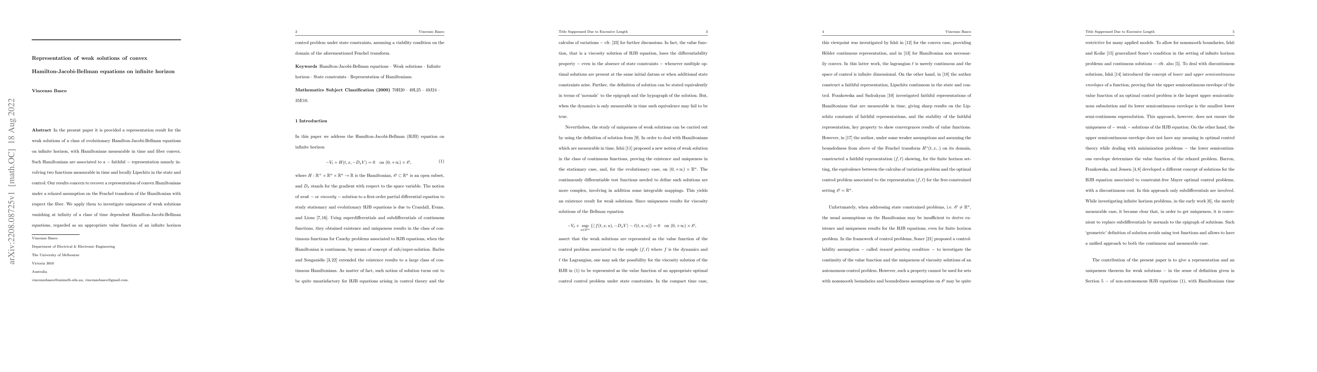 Thumbnail for Representation of Weak Solutions of Convex Hamilton-Jacobi-Bellman
  Equations on Infinite Horizon