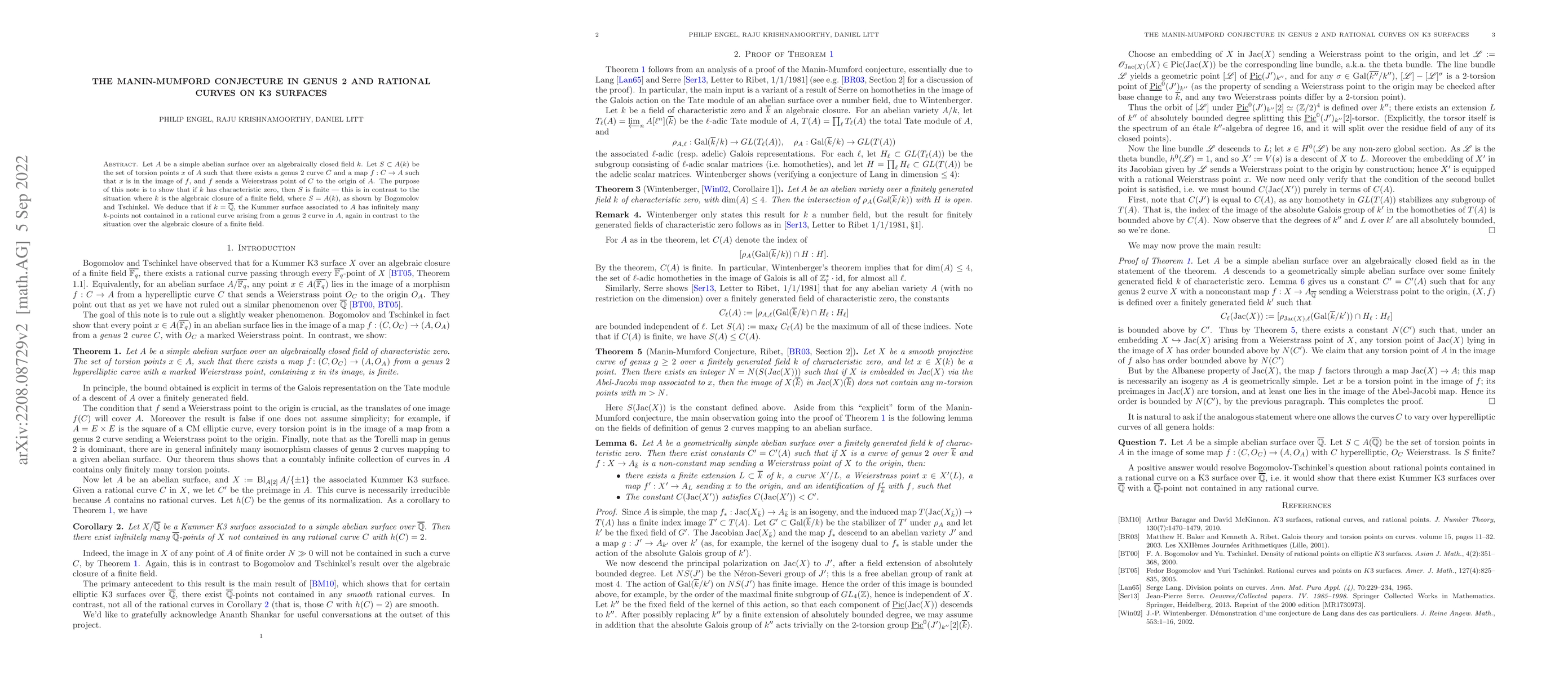 Thumbnail for The Manin-Mumford conjecture in genus 2 and rational curves on K3
  surfaces