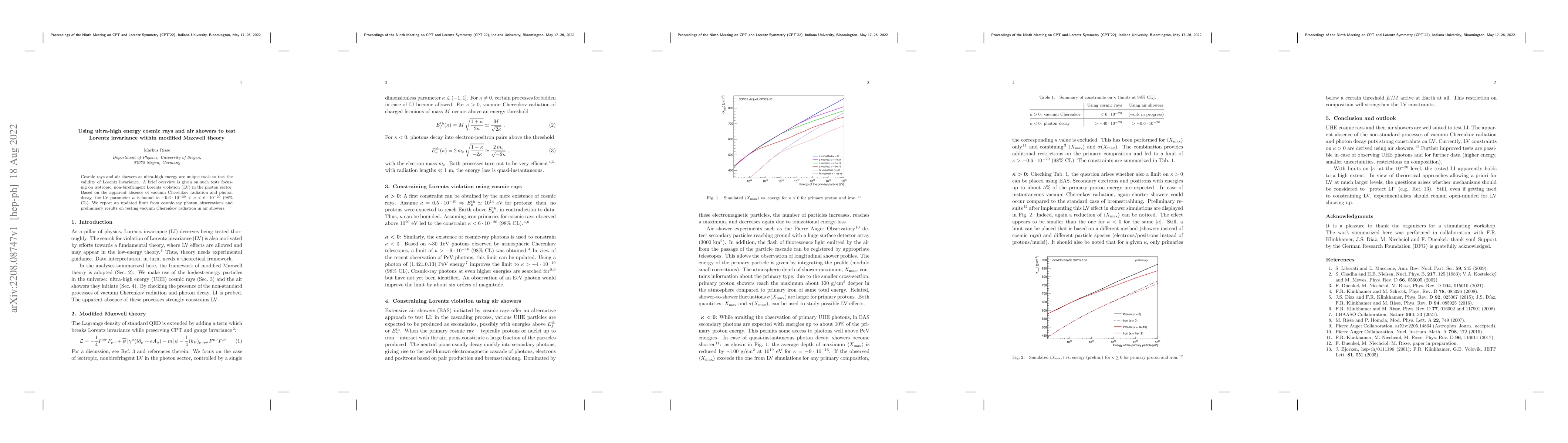 Thumbnail for Using ultra-high energy cosmic rays and air showers to test Lorentz
  invariance within modified Maxwell theory