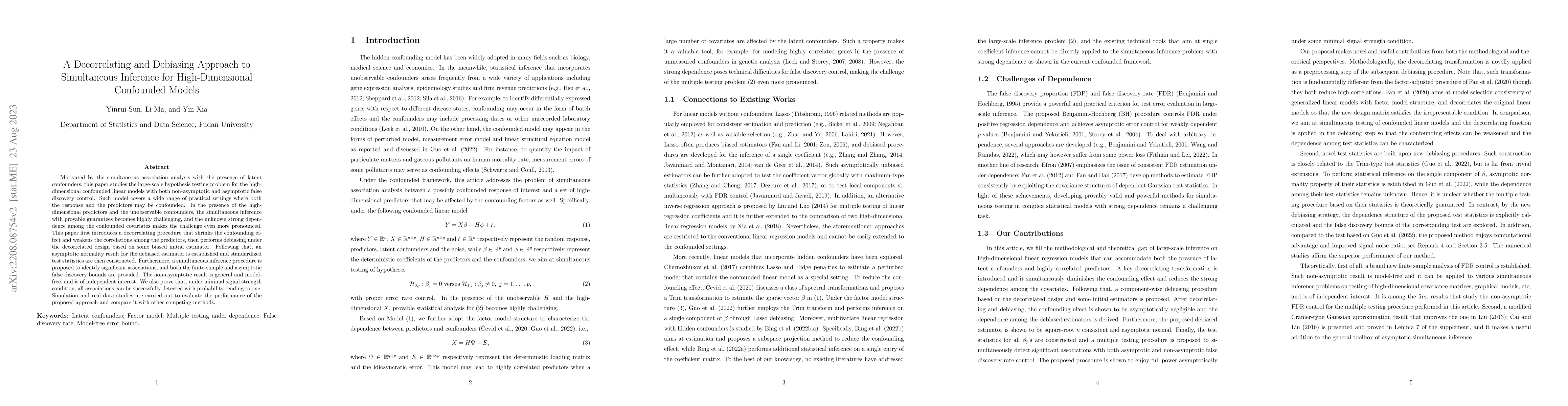 Thumbnail for A Decorrelating and Debiasing Approach to Simultaneous Inference for
  High-Dimensional Confounded Models