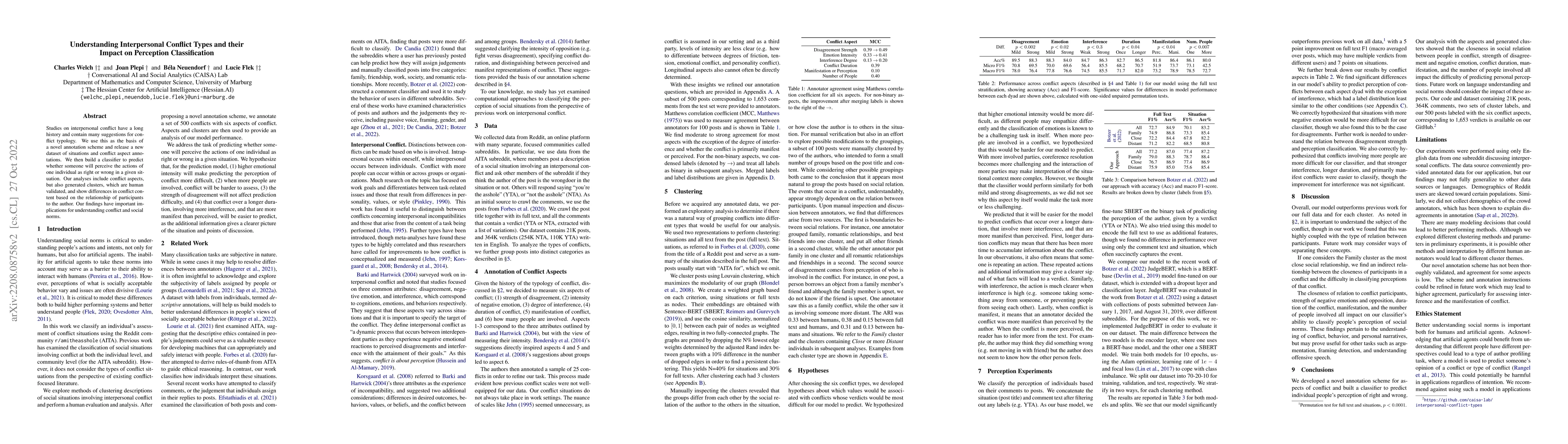 Thumbnail for Understanding Interpersonal Conflict Types and their Impact on
  Perception Classification