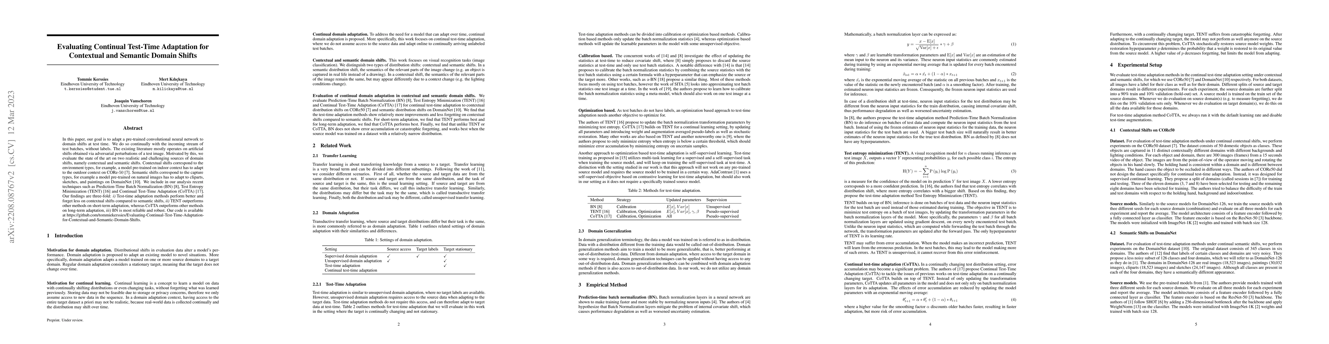 Thumbnail for Evaluating Continual Test-Time Adaptation for Contextual and Semantic
  Domain Shifts