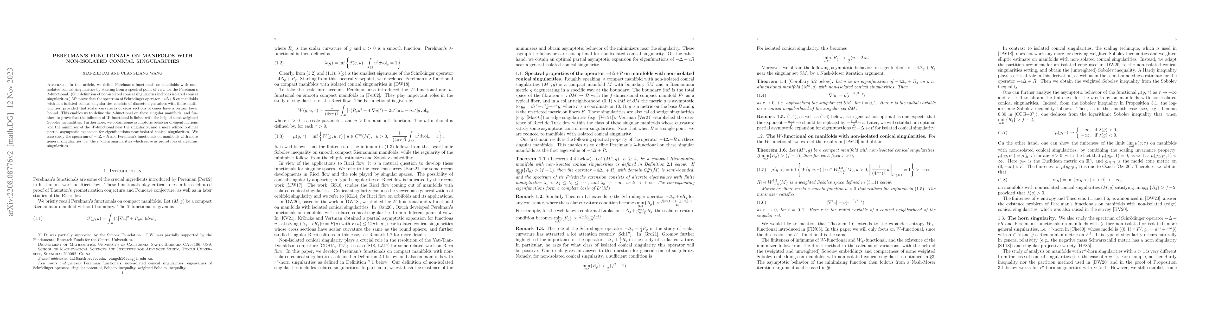 Thumbnail for Perelman's functionals on manifolds with non-isolated conical
  singularities