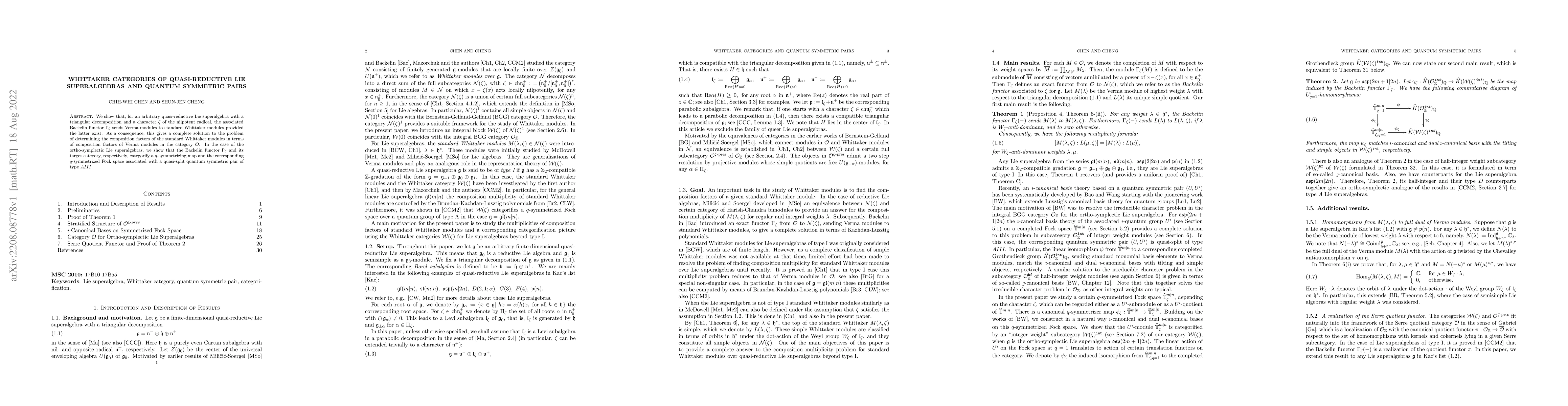 Thumbnail for Whittaker categories of quasi-reductive Lie superalgebras and quantum
  symmetric pairs