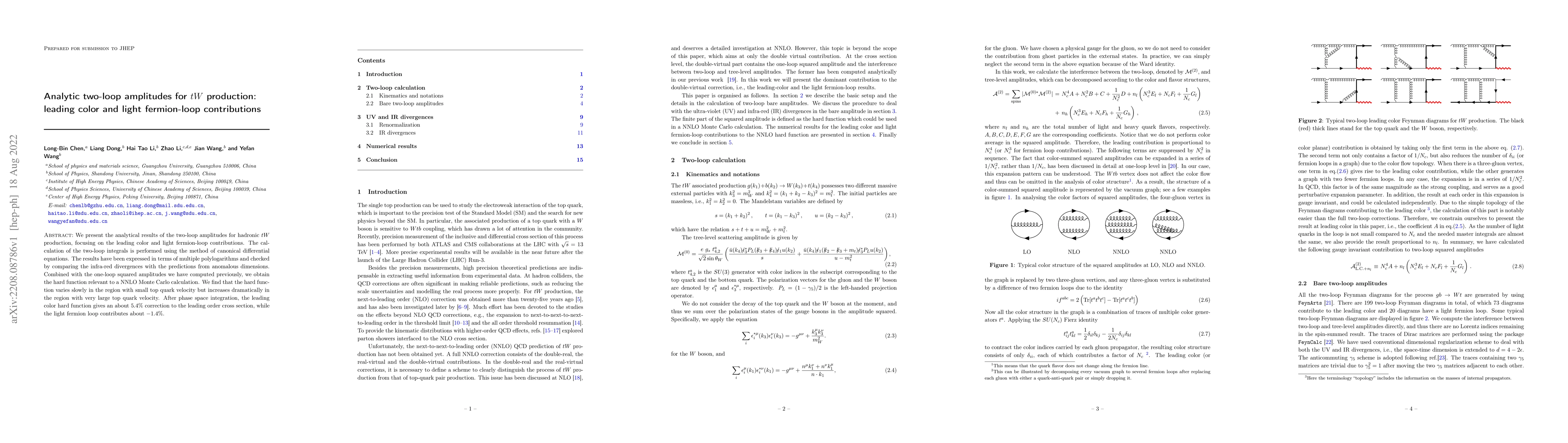 Thumbnail for Analytic two-loop amplitudes for $tW$ production: leading color and
  light fermion-loop contributions