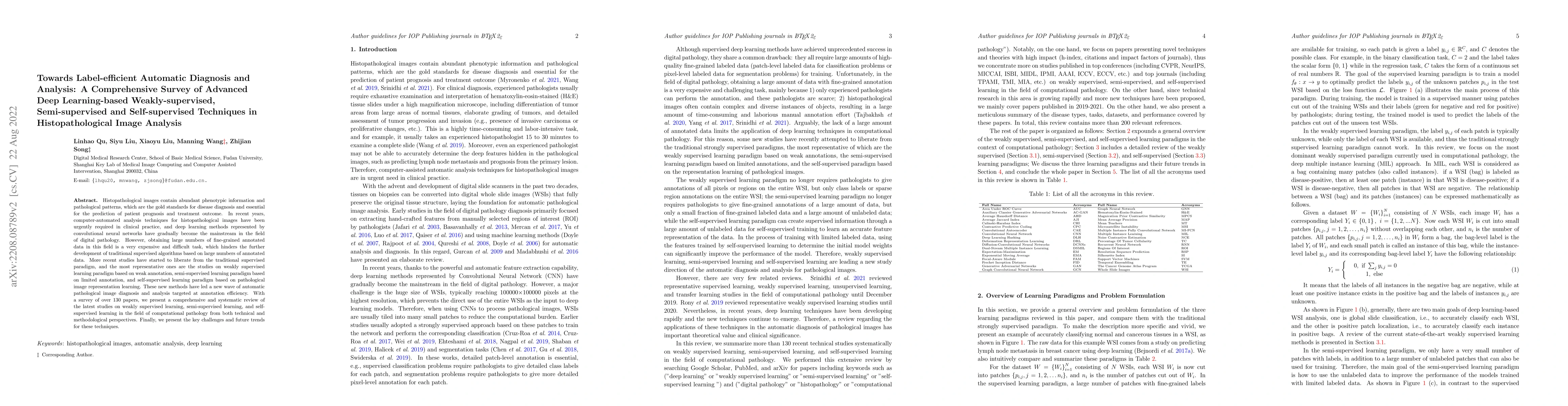Thumbnail for Towards Label-efficient Automatic Diagnosis and Analysis: A
  Comprehensive Survey of Advanced Deep Learning-based Weakly-supervised,
  Semi-supervised and Self-supervised Techniques in Histopathological Image
  Analysis