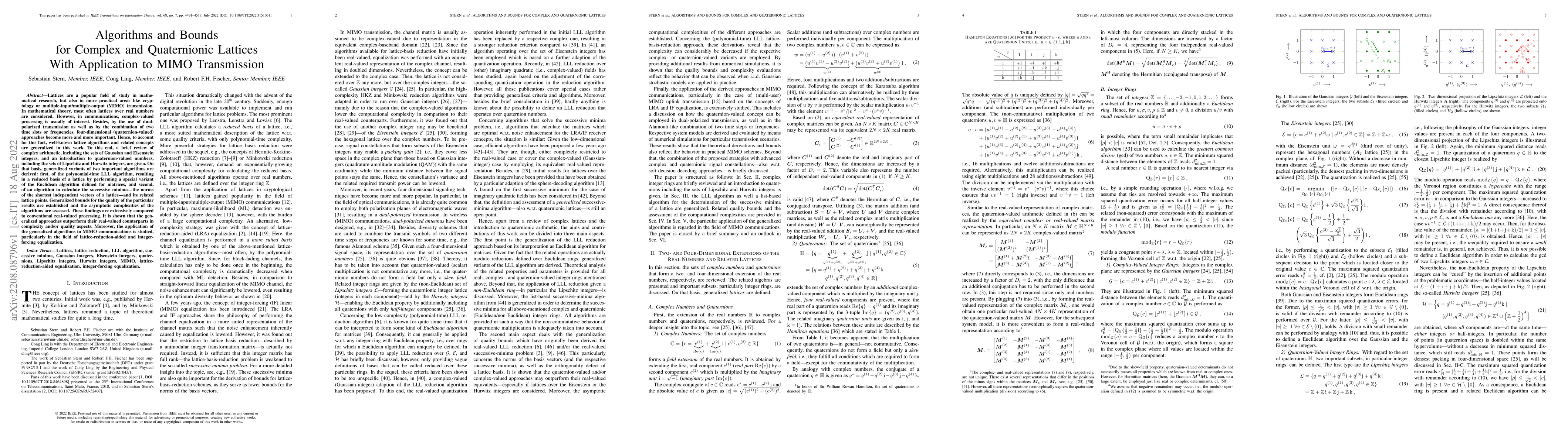 Thumbnail for Algorithms and Bounds for Complex and Quaternionic Lattices With
  Application to MIMO Transmission