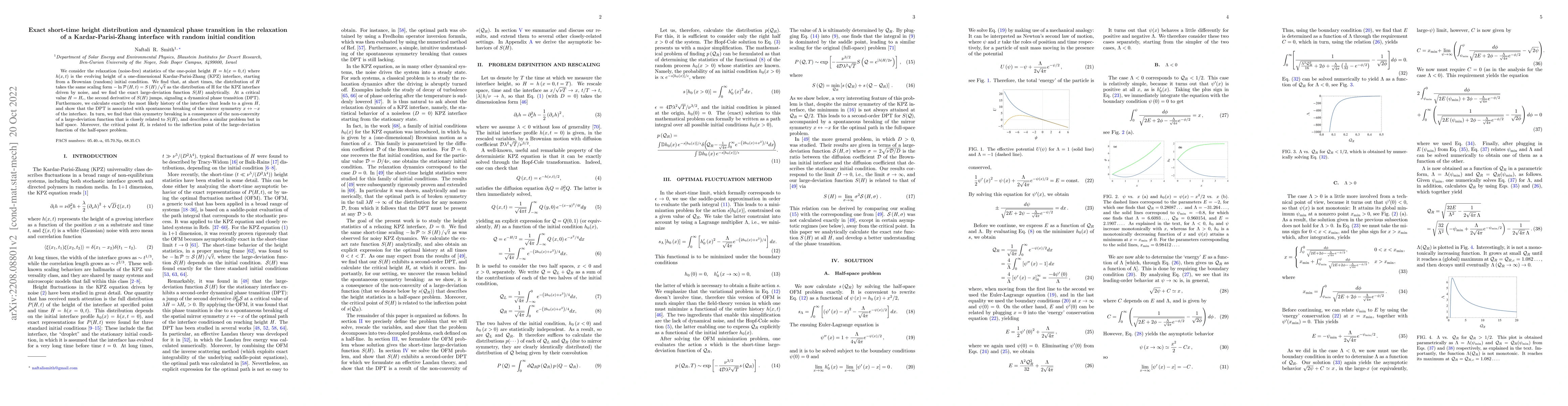 Thumbnail for Exact short-time height distribution and dynamical phase transition in
  the relaxation of a Kardar-Parisi-Zhang interface with random initial
  condition