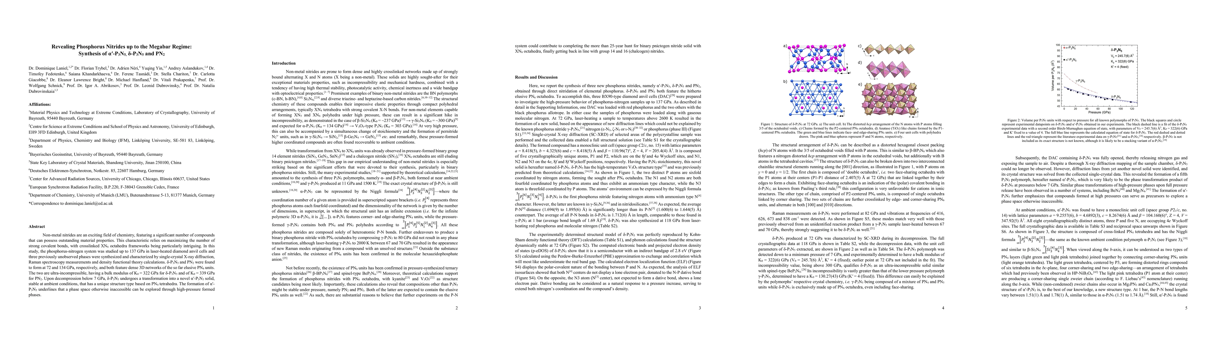 Thumbnail for Revealing Phosphorus Nitrides up to the Megabar Regime: Synthesis of
  alpha-P3N5, delta-P3N5 and PN2