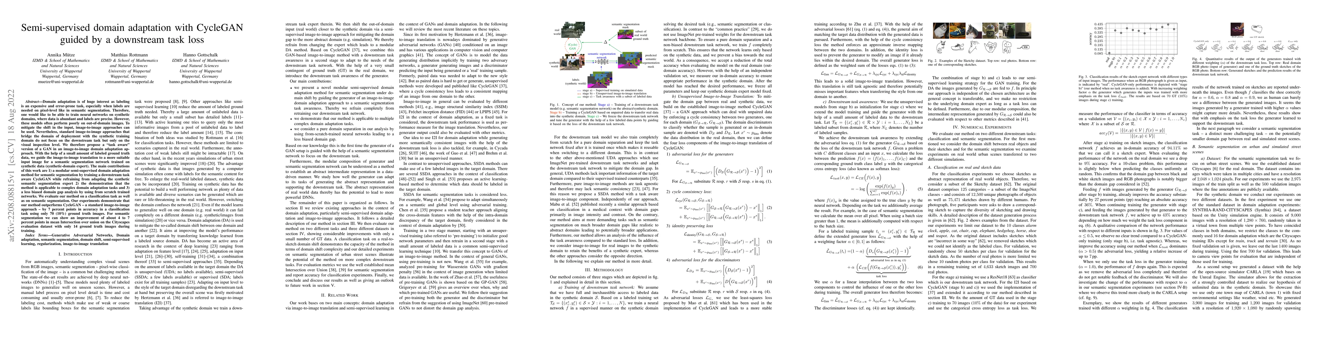 Thumbnail for Semi-supervised domain adaptation with CycleGAN guided by a downstream
  task loss