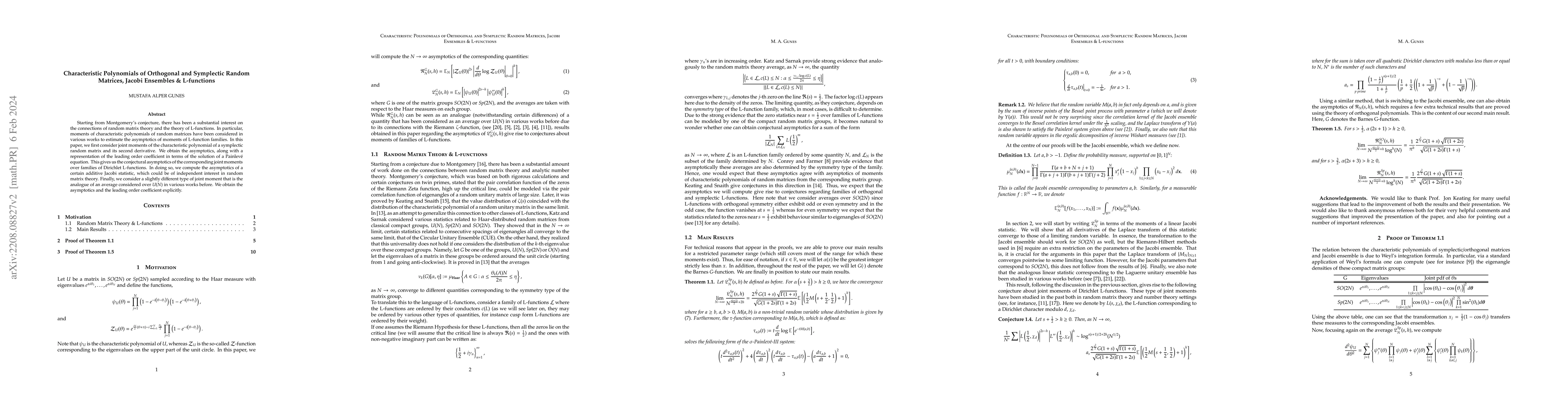 Thumbnail for Characteristic Polynomials of Orthogonal and Symplectic Random Matrices,
  Jacobi Ensembles & L-functions