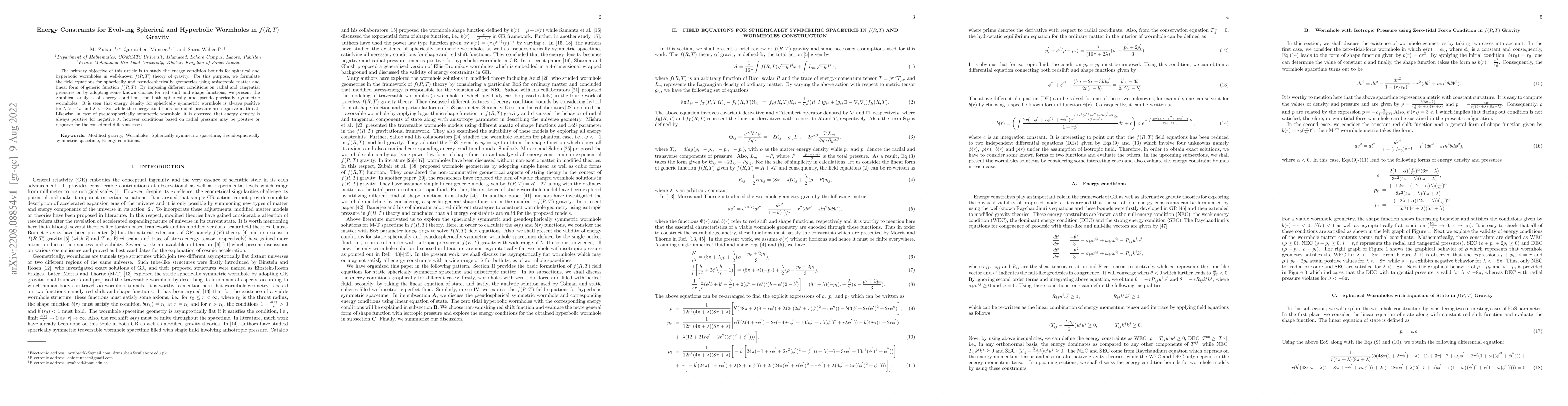 Thumbnail for Energy Constraints for Evolving Spherical and Hyperbolic Wormholes in
  $f(R,T)$ Gravity