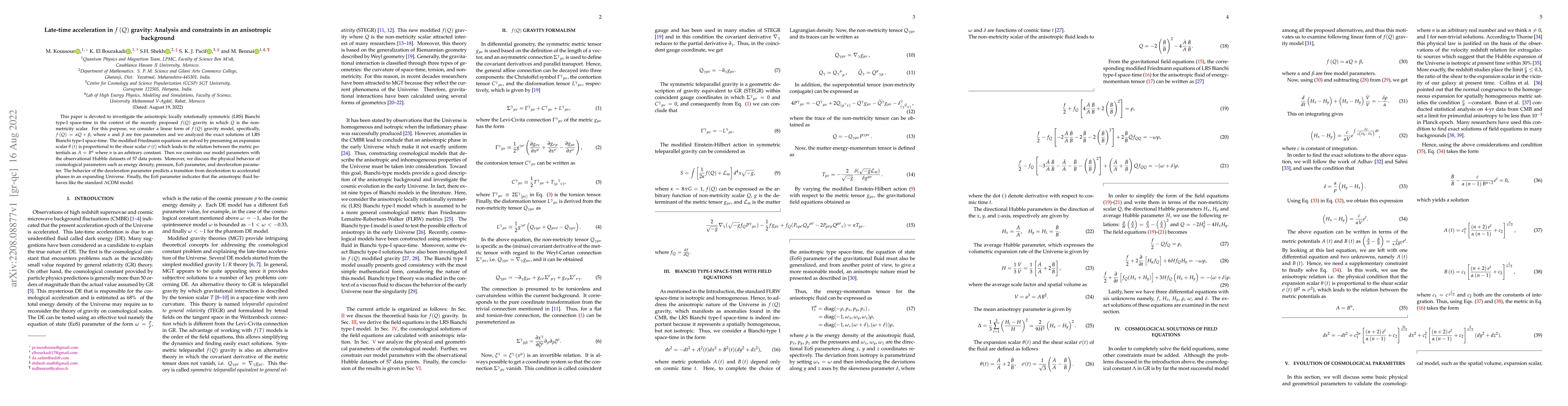 Thumbnail for Late-time acceleration in $f\left( Q\right) $ gravity: Analysis and
  constraints in an anisotropic background