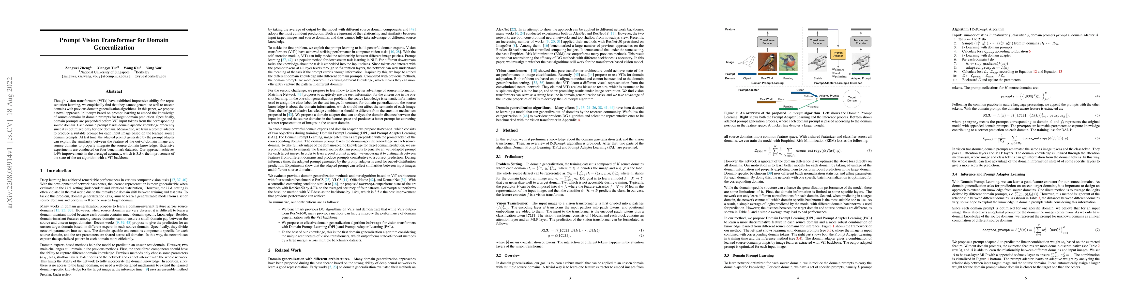 Thumbnail for Prompt Vision Transformer for Domain Generalization