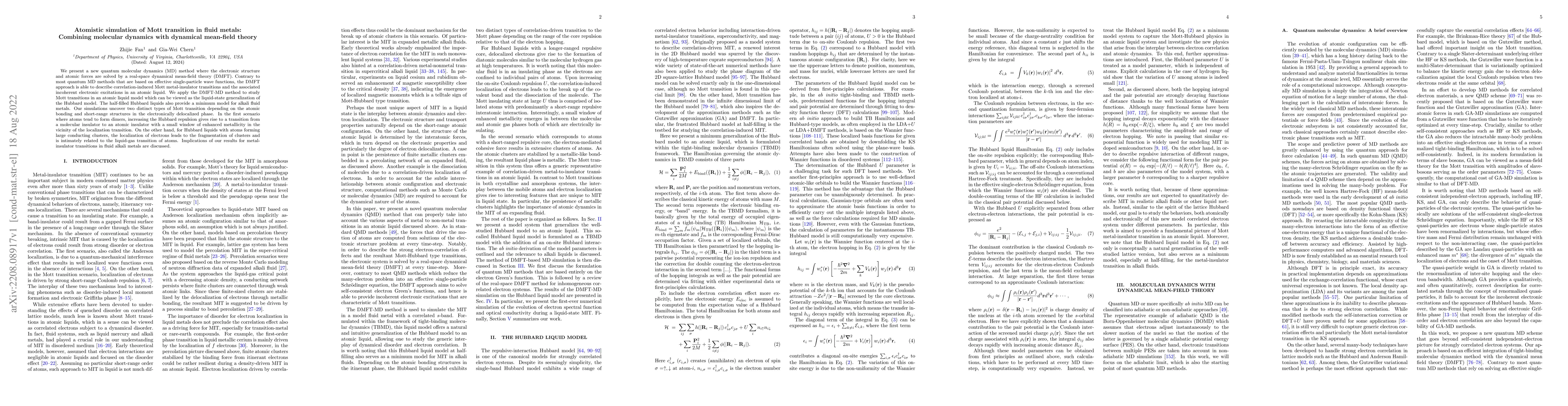 Thumbnail for Atomistic simulation of Mott transition in fluid metals: Combining
  molecular dynamics with dynamical mean-field theory