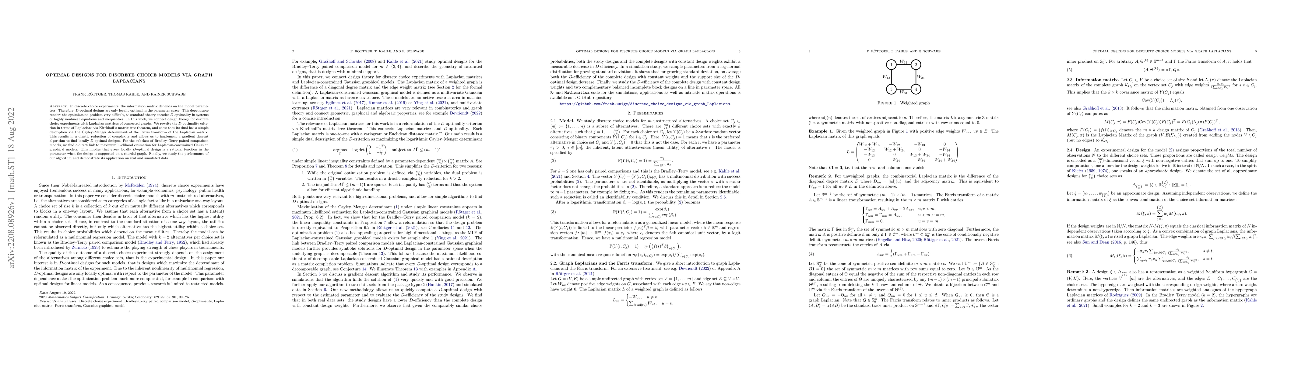 Thumbnail for Optimal designs for discrete choice models via graph Laplacians