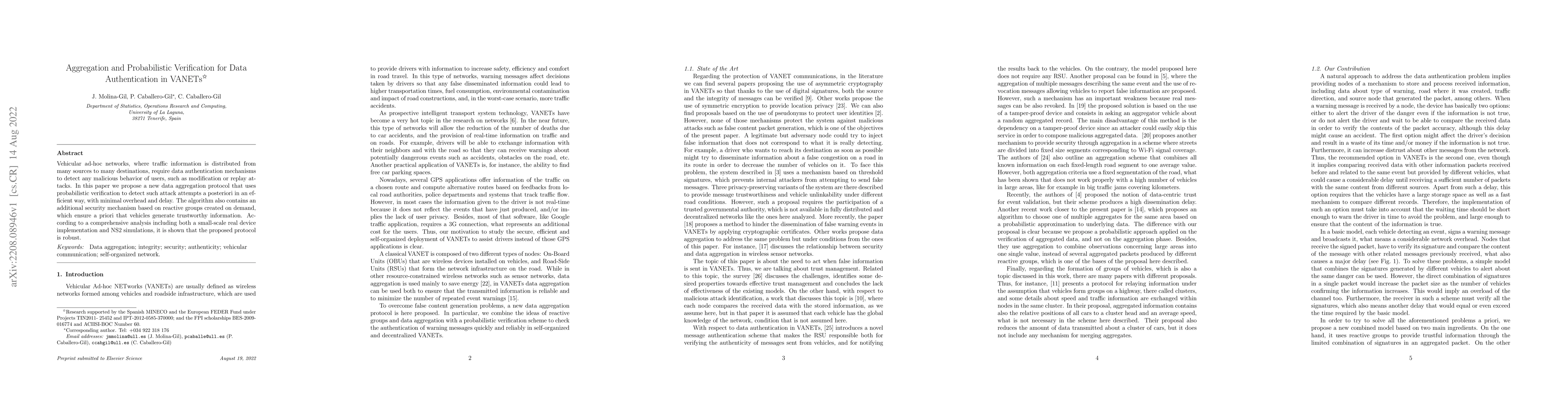 Thumbnail for Aggregation and probabilistic verification for data authentication in
  VANETs