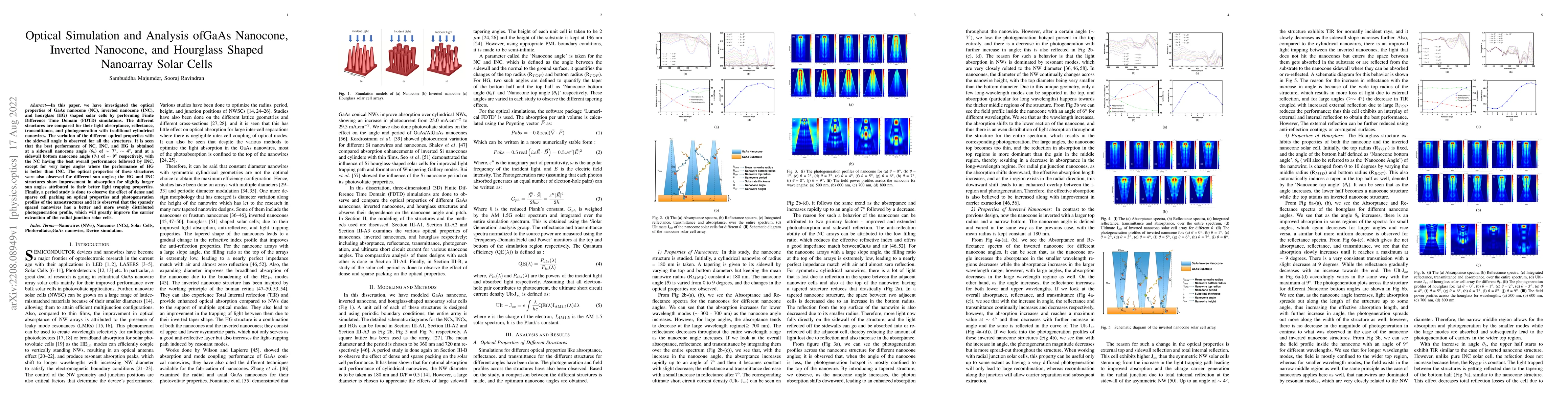Thumbnail for Optical Simulation and Analysis of GaAs Nanocone, Inverted Nanocone, and
  Hourglass Shaped Nanoarray Solar Cells