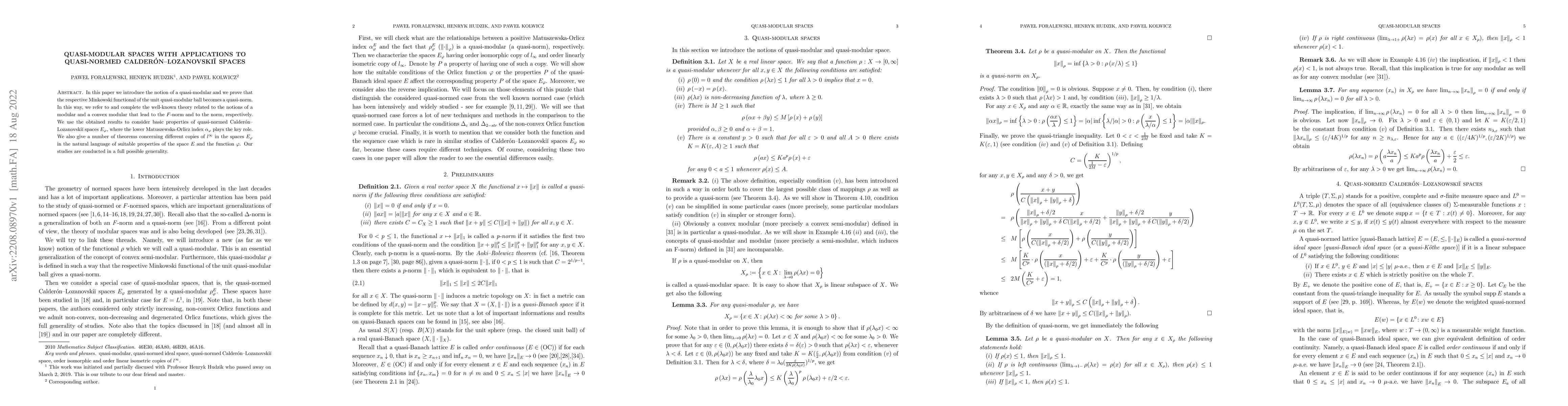 Thumbnail for Quasi-modular spaces with applications to quasi-normed
  Calder\'on-Lozanovski\u{\i} spaces