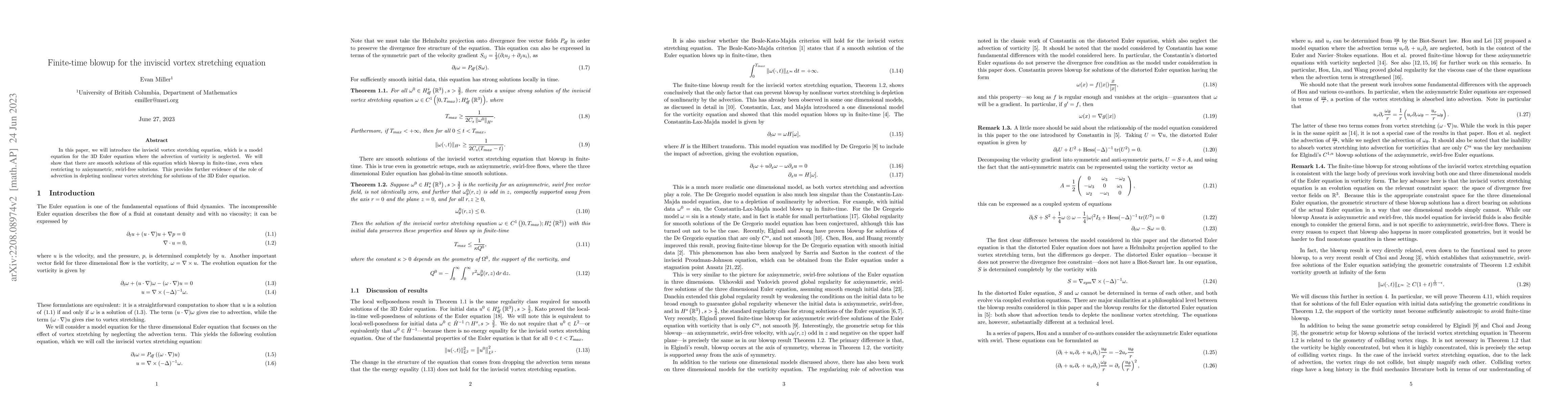 Thumbnail for Finite-time blowup for the inviscid vortex stretching equation