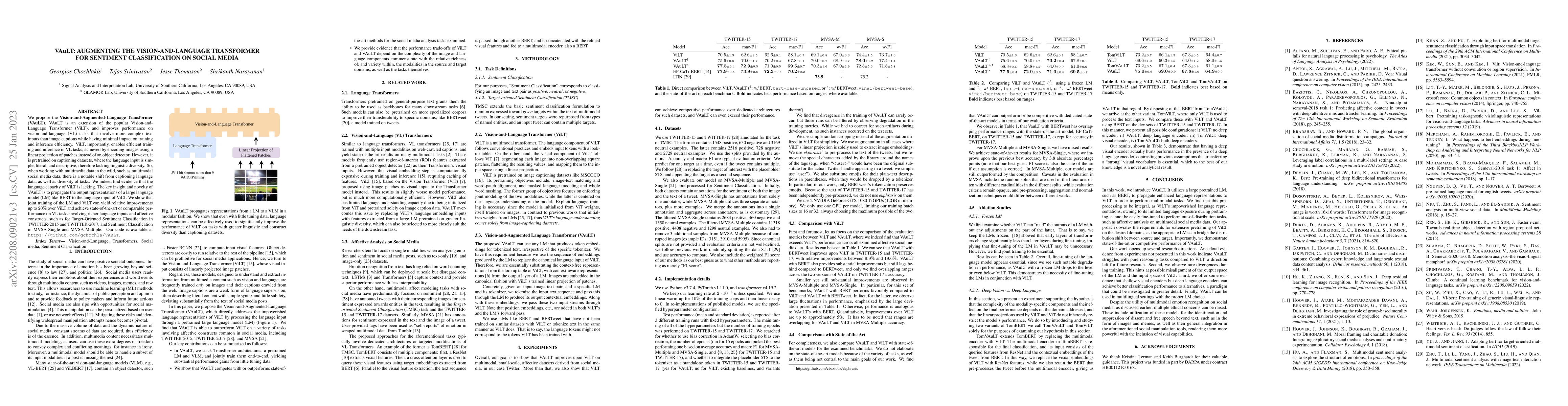 Thumbnail for VAuLT: Augmenting the Vision-and-Language Transformer for Sentiment
  Classification on Social Media