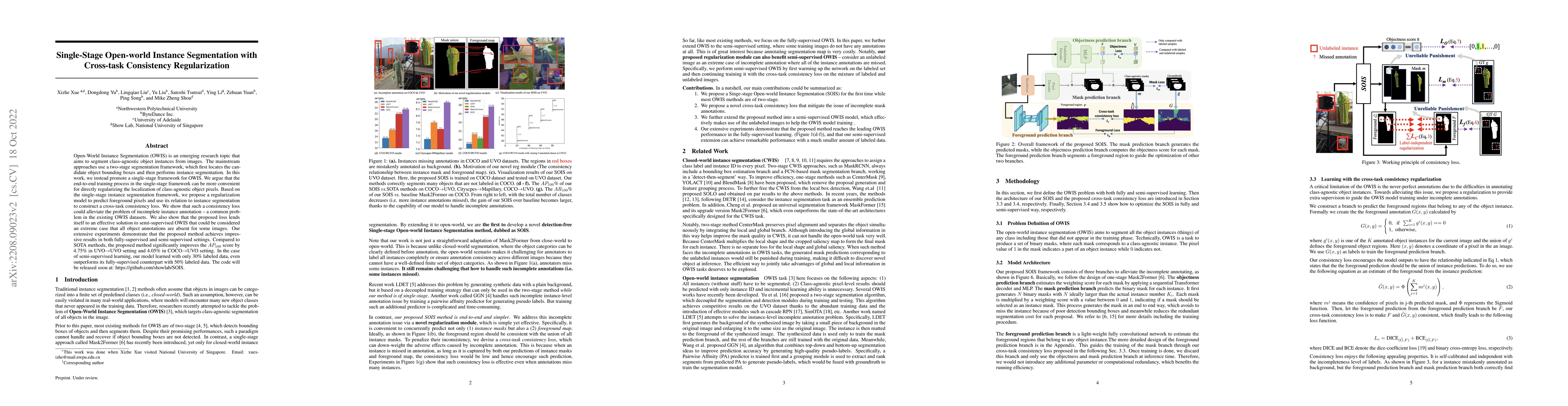 Thumbnail for Single-Stage Open-world Instance Segmentation with Cross-task
  Consistency Regularization